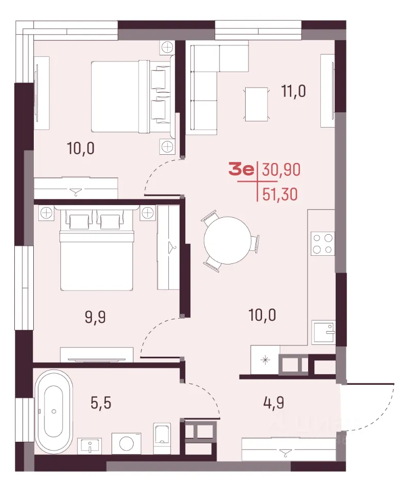 3-к кв. Свердловская область, Екатеринбург ул. Академика Ландау, 13 (51.3 м²)