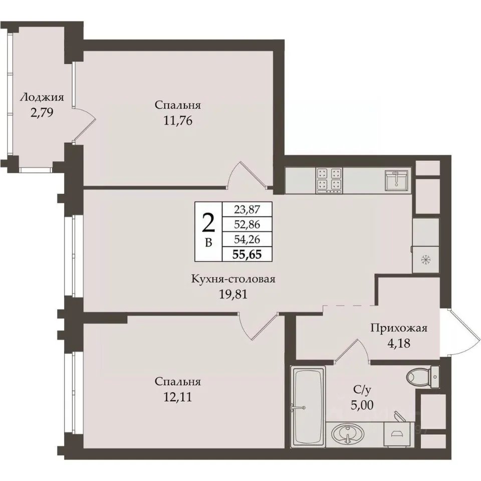 2-к кв. Свердловская область, Екатеринбург ул. Репина, 64 (54.26 м²)