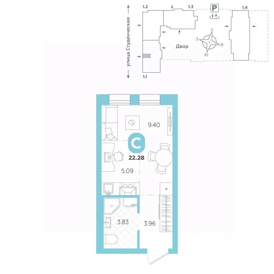 Студия Свердловская область, Екатеринбург ул. Студенческая, 1А (22.28 м²)