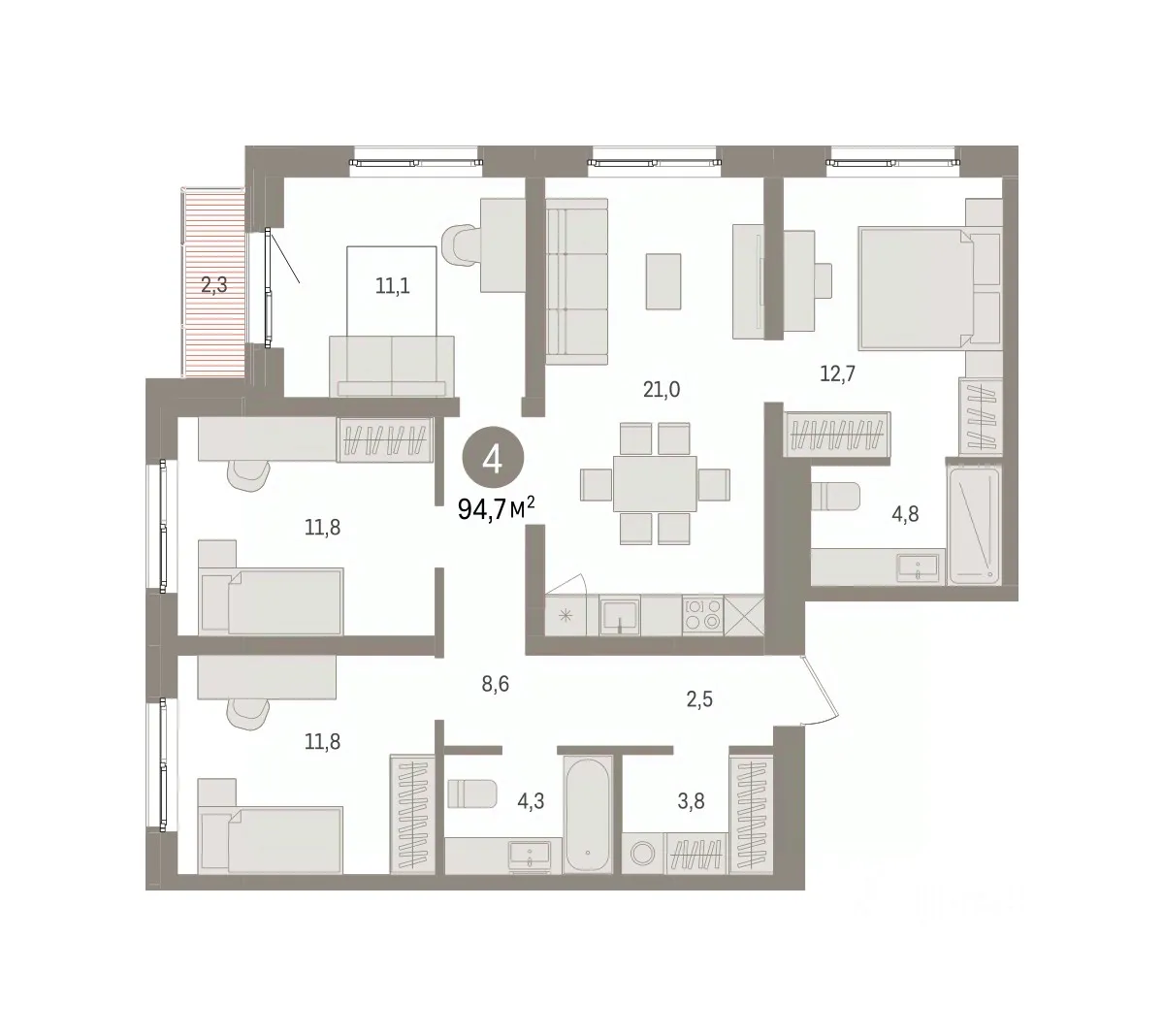 4-к кв. Свердловская область, Екатеринбург пер. Торфяной, 10 (94.7 м²)