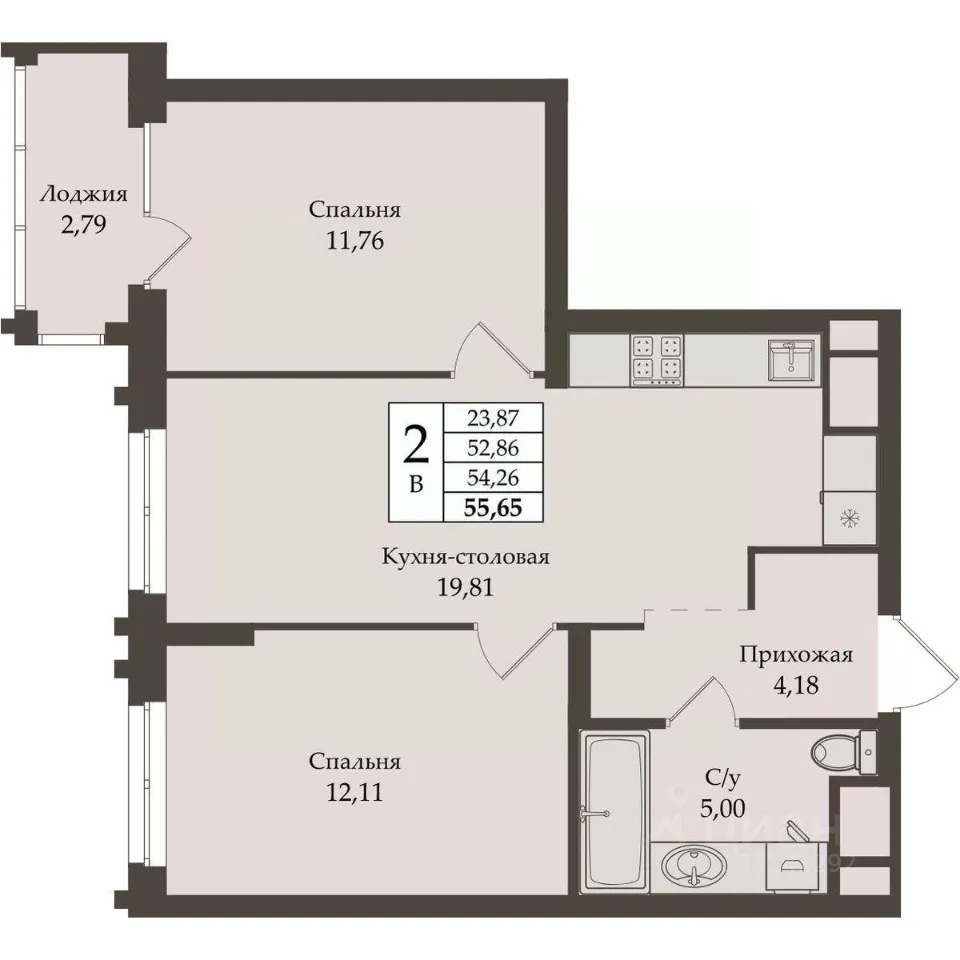 2-к кв. Свердловская область, Екатеринбург ул. Репина, 64 (54.26 м²)