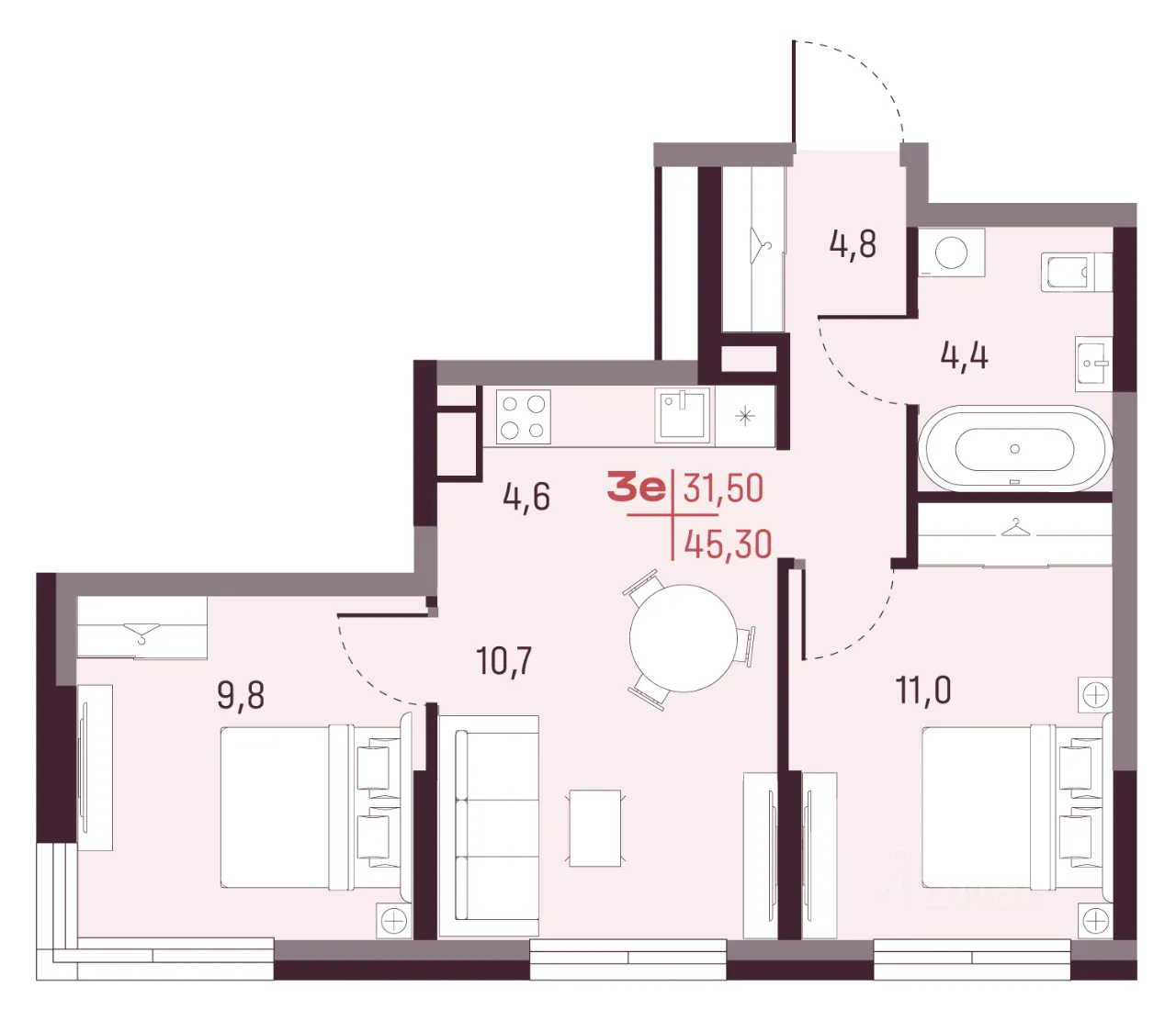3-к кв. Свердловская область, Екатеринбург ул. Академика Ландау, 13 (45.3 м²)