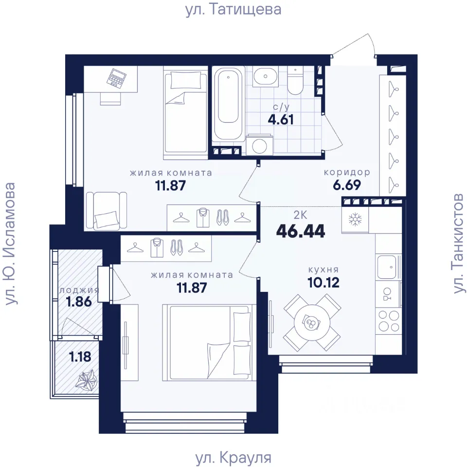 2-к кв. Свердловская область, Екатеринбург ул. Крауля, 170Б (46.44 м²)