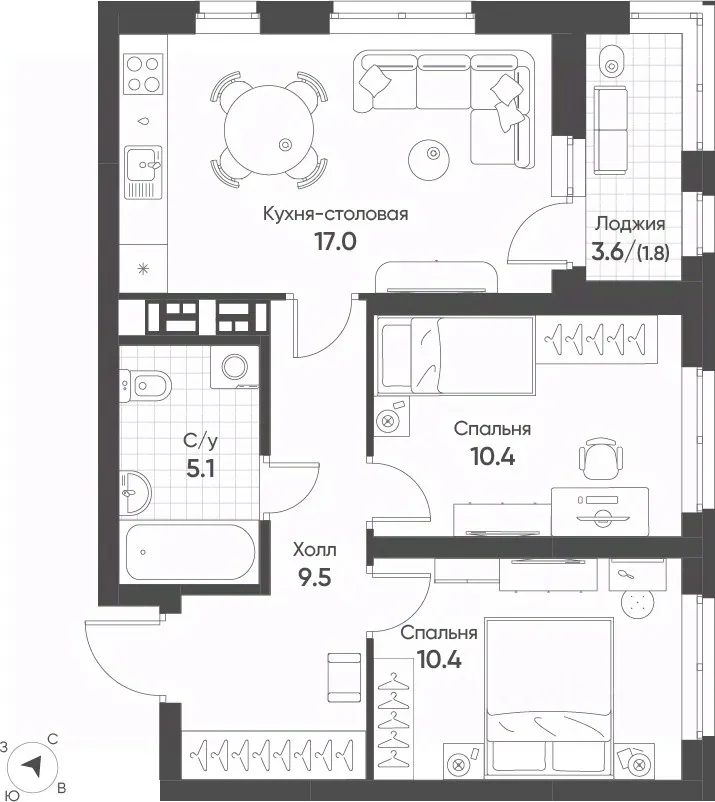 2-к кв. Свердловская область, Екатеринбург Солнечный жилрайон, (54.2 м²)