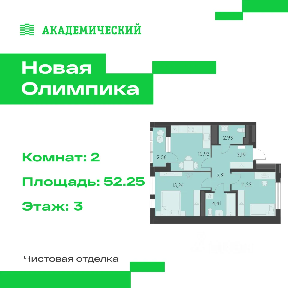 2-к кв. Свердловская область, Екатеринбург ул. Академика Парина, 27 (52.25 м²)