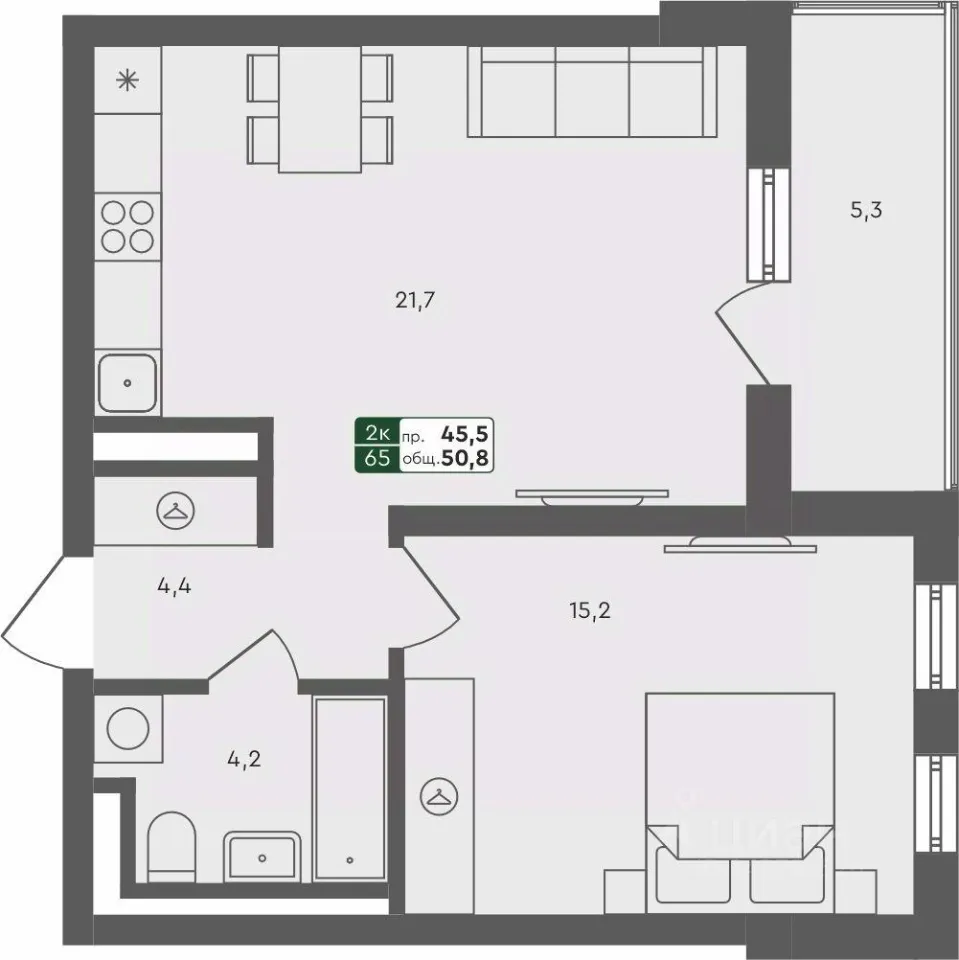 1-к кв. Свердловская область, Екатеринбург ул. Абрикосовая, 60/1 (50.8 м²)
