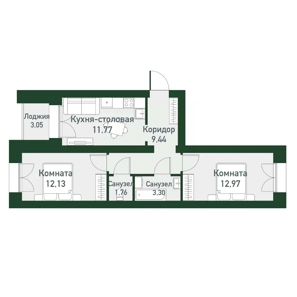 2-к кв. Свердловская область, Екатеринбург ул. Амундсена, 185 (51.9 м²)