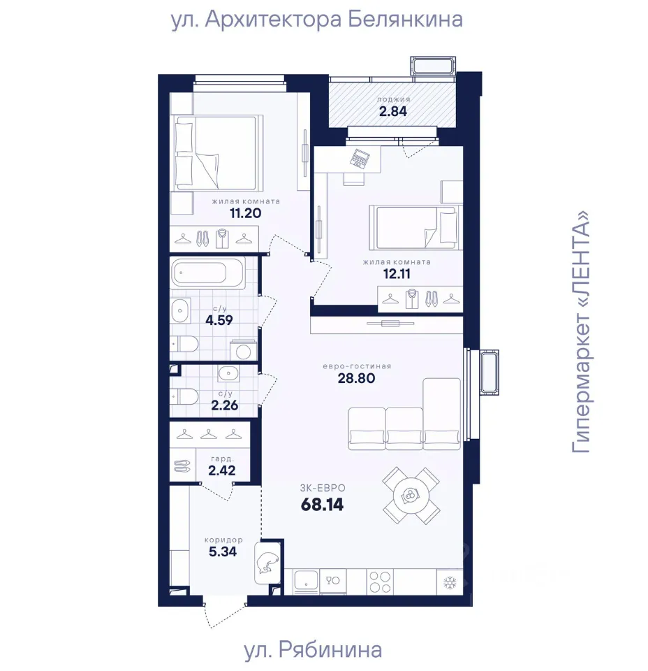 2-к кв. Свердловская область, Екатеринбург ул. Рябинина, 42 (68.14 м²)
