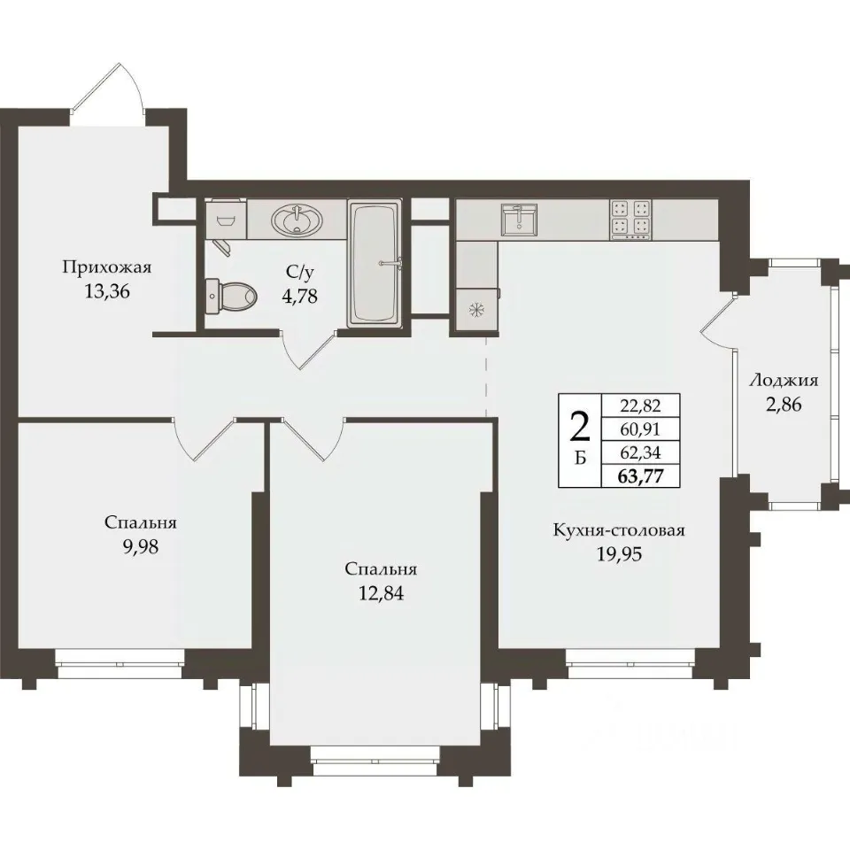 2-к кв. Свердловская область, Екатеринбург ул. Репина, 64 (62.34 м²)
