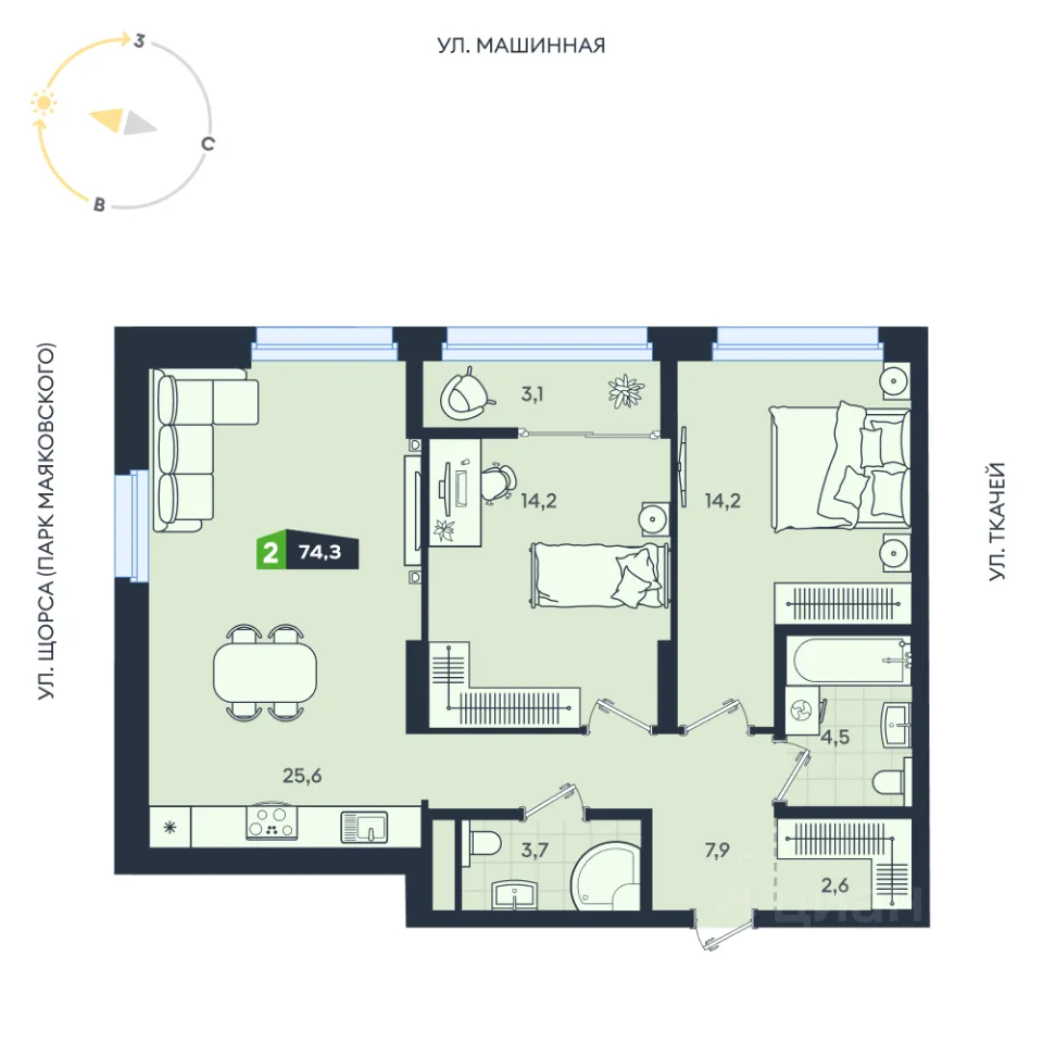 2-к кв. Свердловская область, Екатеринбург ул. Машинная, 1в/2 (74.3 м²)