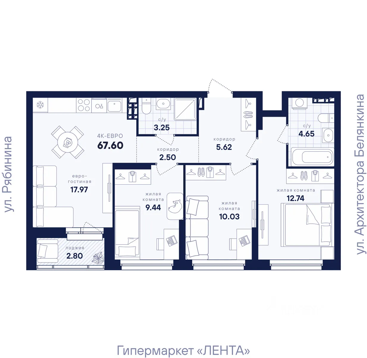 3-к кв. Свердловская область, Екатеринбург ул. Рябинина, 42 (67.6 м²)