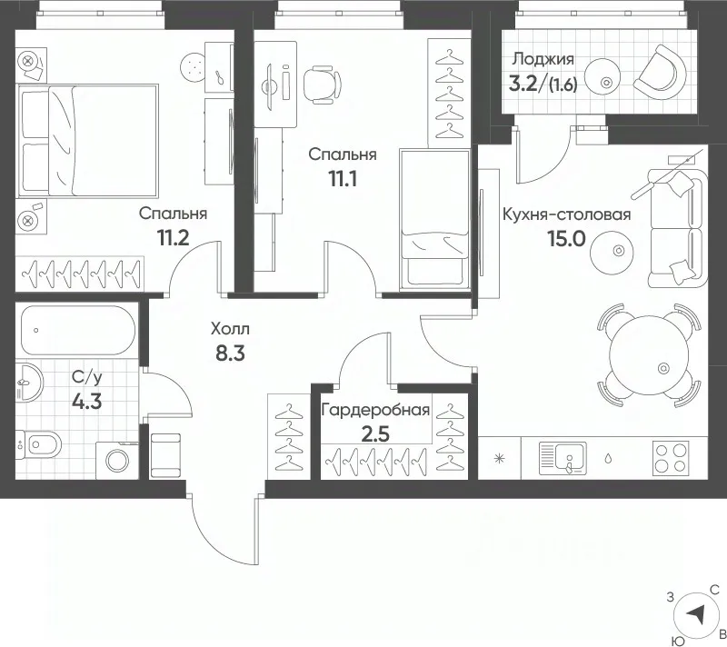 2-к кв. Свердловская область, Екатеринбург Солнечный жилрайон,  (54.0 м²)