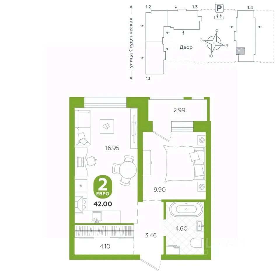 1-к кв. Свердловская область, Екатеринбург ул. Студенческая, 1А (42.0 м²)
