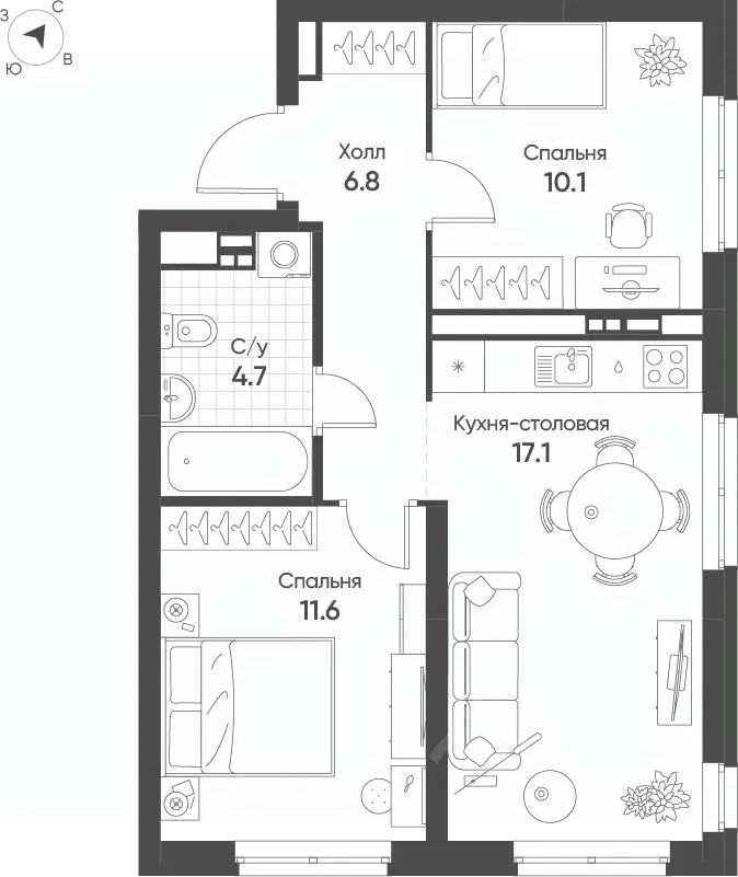 2-к кв. Свердловская область, Екатеринбург Солнечный жилрайон,  (50.3 м²)