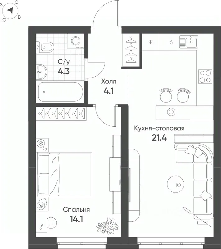 1-к кв. Свердловская область, Екатеринбург Солнечный жилрайон,  (43.9 м²)