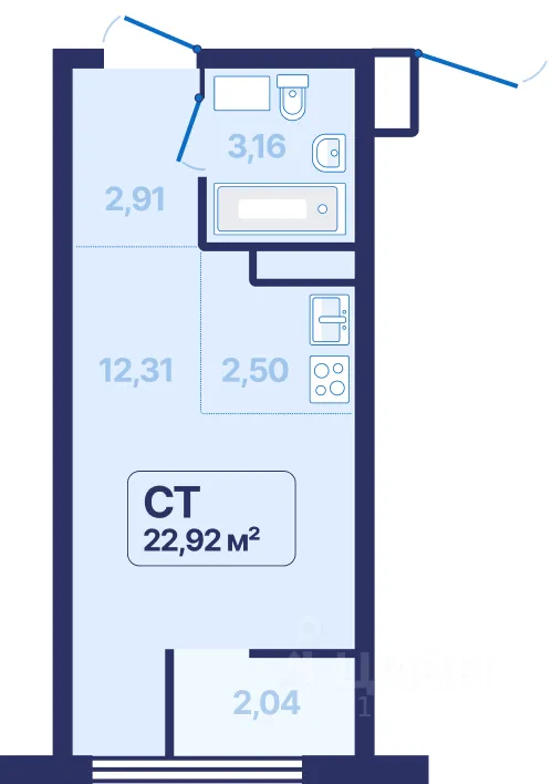 1-к кв. Свердловская область, Екатеринбург просп. Космонавтов, 9 (22.92 м²)