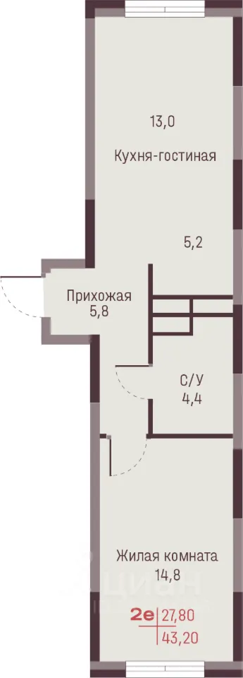 2-к кв. Свердловская область, Екатеринбург ул. Академика Ландау, 13 (43.2 м²)