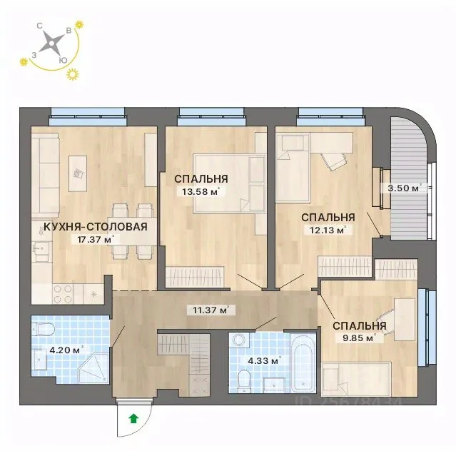 3-к кв. Свердловская область, Екатеринбург Уралмаш жилрайон, ул. Авангардная, 6 (76.33 м²)