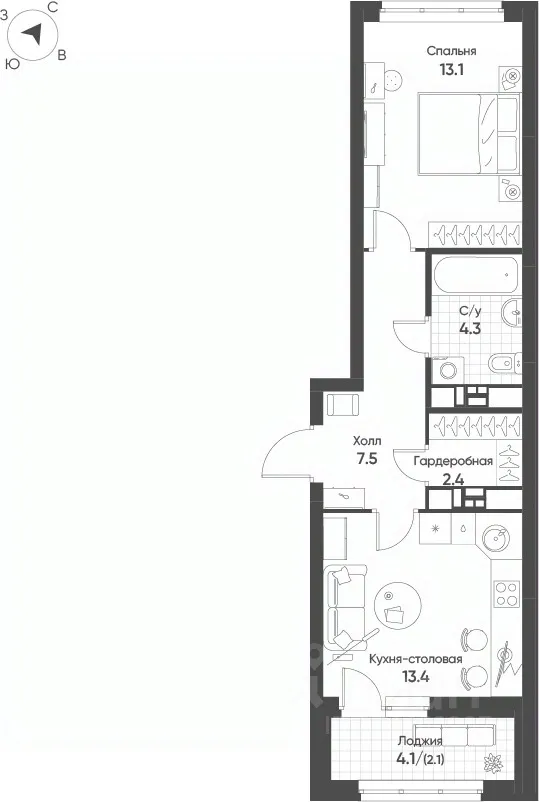 1-к кв. Свердловская область, Екатеринбург Солнечный жилрайон, (42.8 м²)