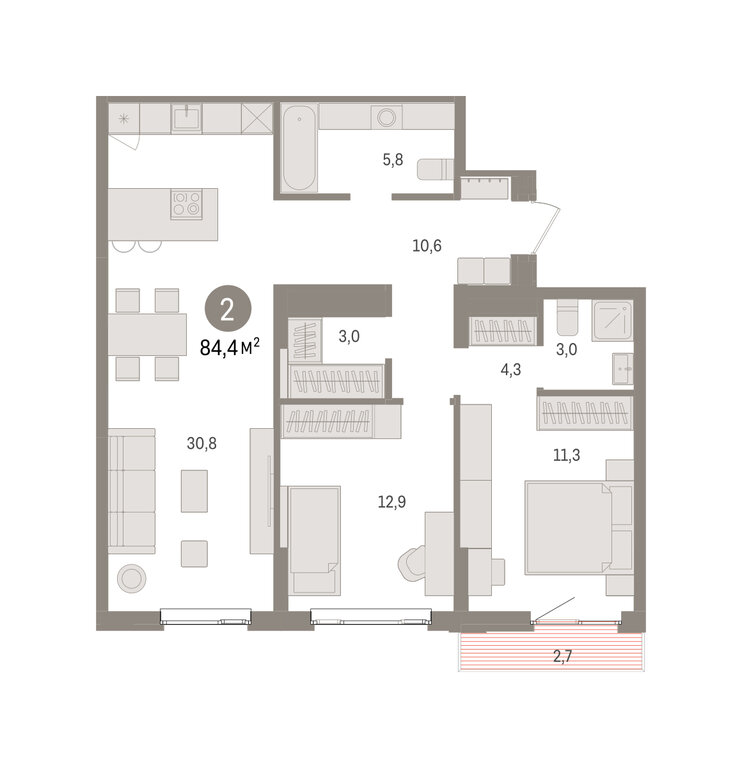 2-комнатная квартира: Екатеринбург, жилой район Сортировочный, микрорайон Старая Сортировка, ЖК Квартал Траектория (84.4 м²)