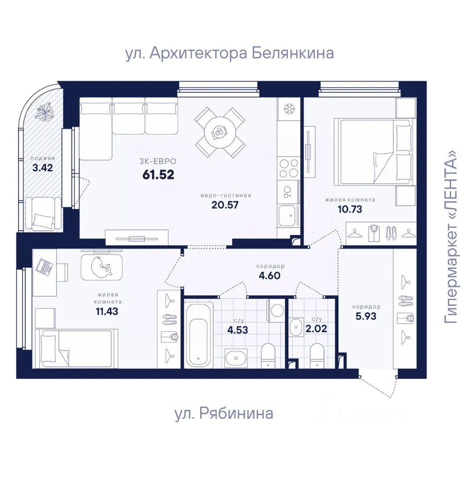 2-к кв. Свердловская область, Екатеринбург ул. Рябинина, 42 (61.52 м²)