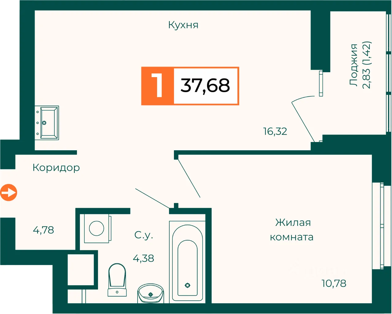 1-к кв. Свердловская область, Екатеринбург ВИЗ жилрайон,  (37.68 м²)