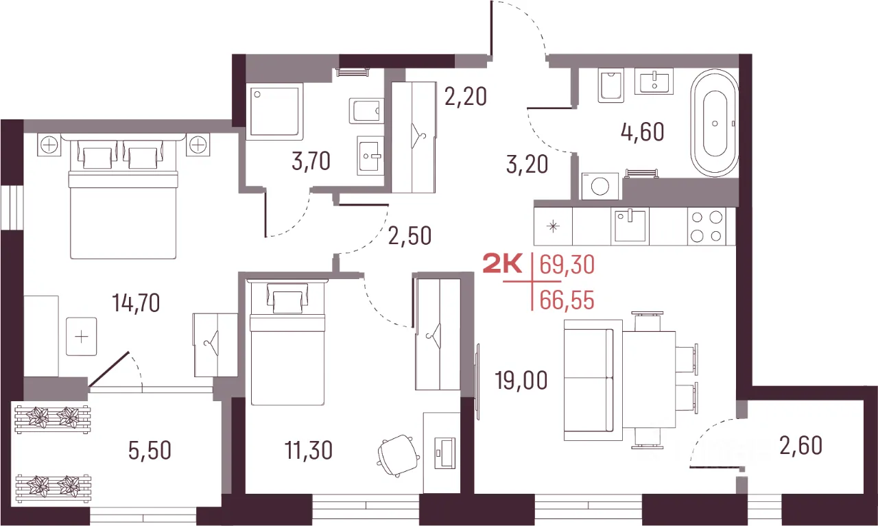 2-к кв. Свердловская область, Екатеринбург ул. Академика Вавилова, 7 (67.6 м²)