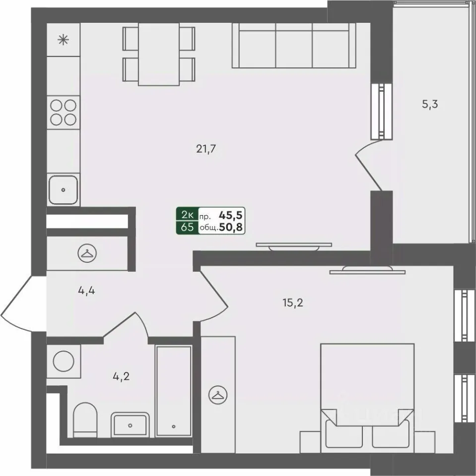 1-к кв. Свердловская область, Екатеринбург ул. Абрикосовая, 60/1 (50.8 м²)