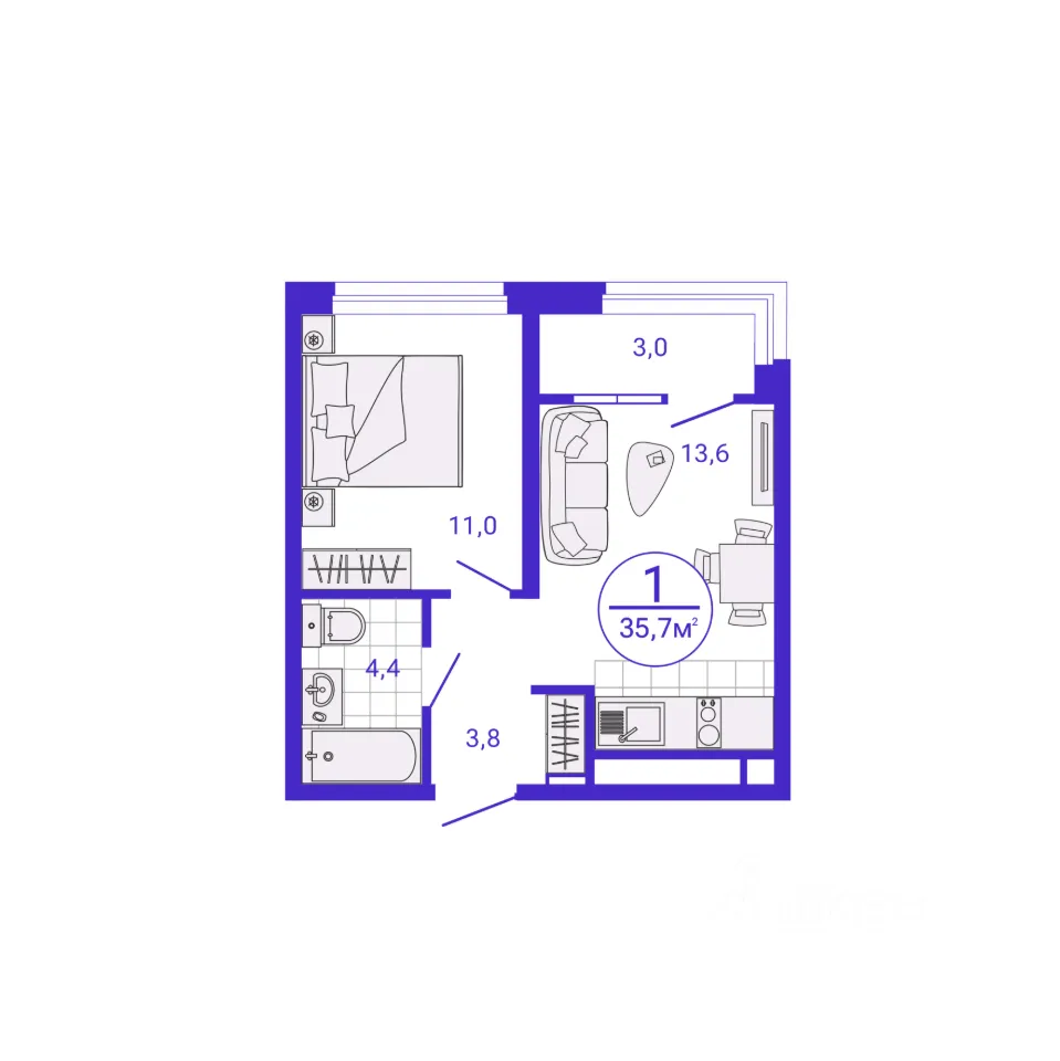 1-к кв. Свердловская область, Екатеринбург Сортировочный жилрайон, Старая Сортировка мкр, Астон.Движение жилой комплекс (34.22 м²)