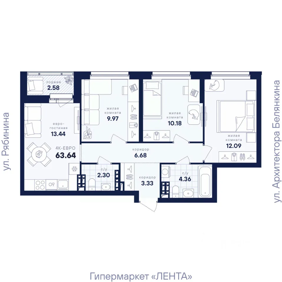 3-к кв. Свердловская область, Екатеринбург ул. Рябинина, 42 (63.64 м²)