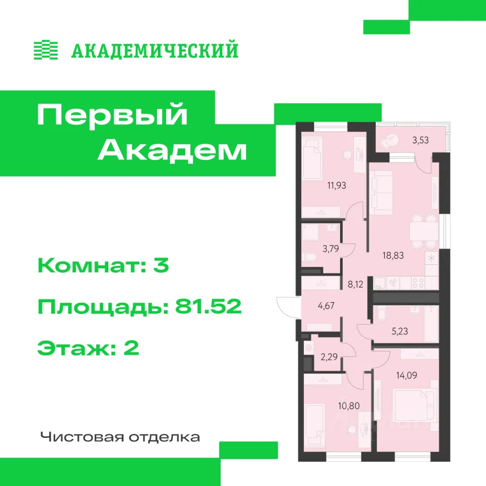 3-к кв. Свердловская область, Екатеринбург Академический мкр, 3-й кв-л, (81.52 м²)