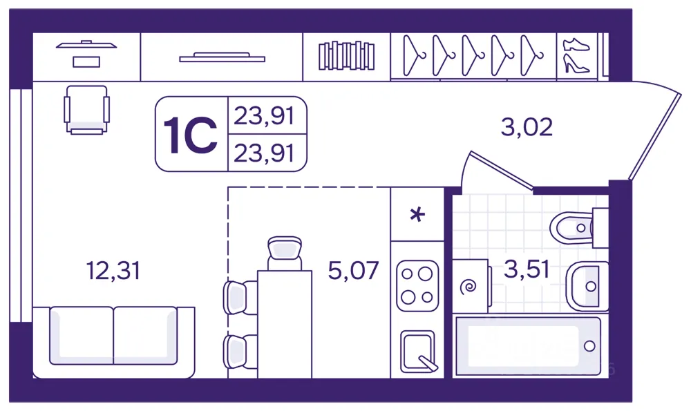 Студия Свердловская область, Екатеринбург пер. Проходной, 1Б (23.91 м²)