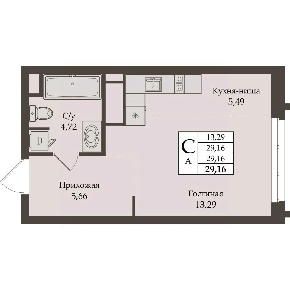 Студия Свердловская область, Екатеринбург ул. Репина, 64 (29.16 м²)