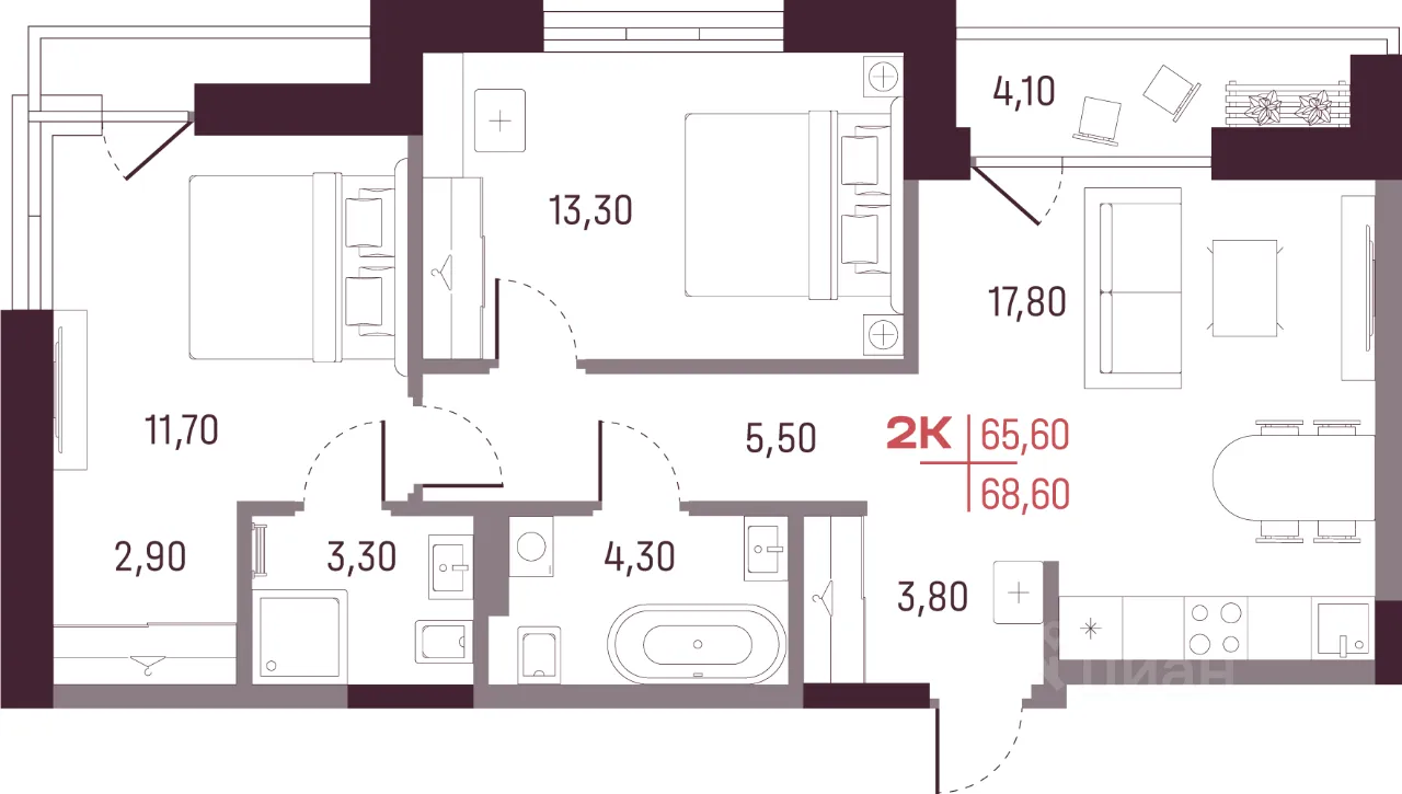 2-к кв. Свердловская область, Екатеринбург ул. Академика Вавилова, 9 (65.8 м²)