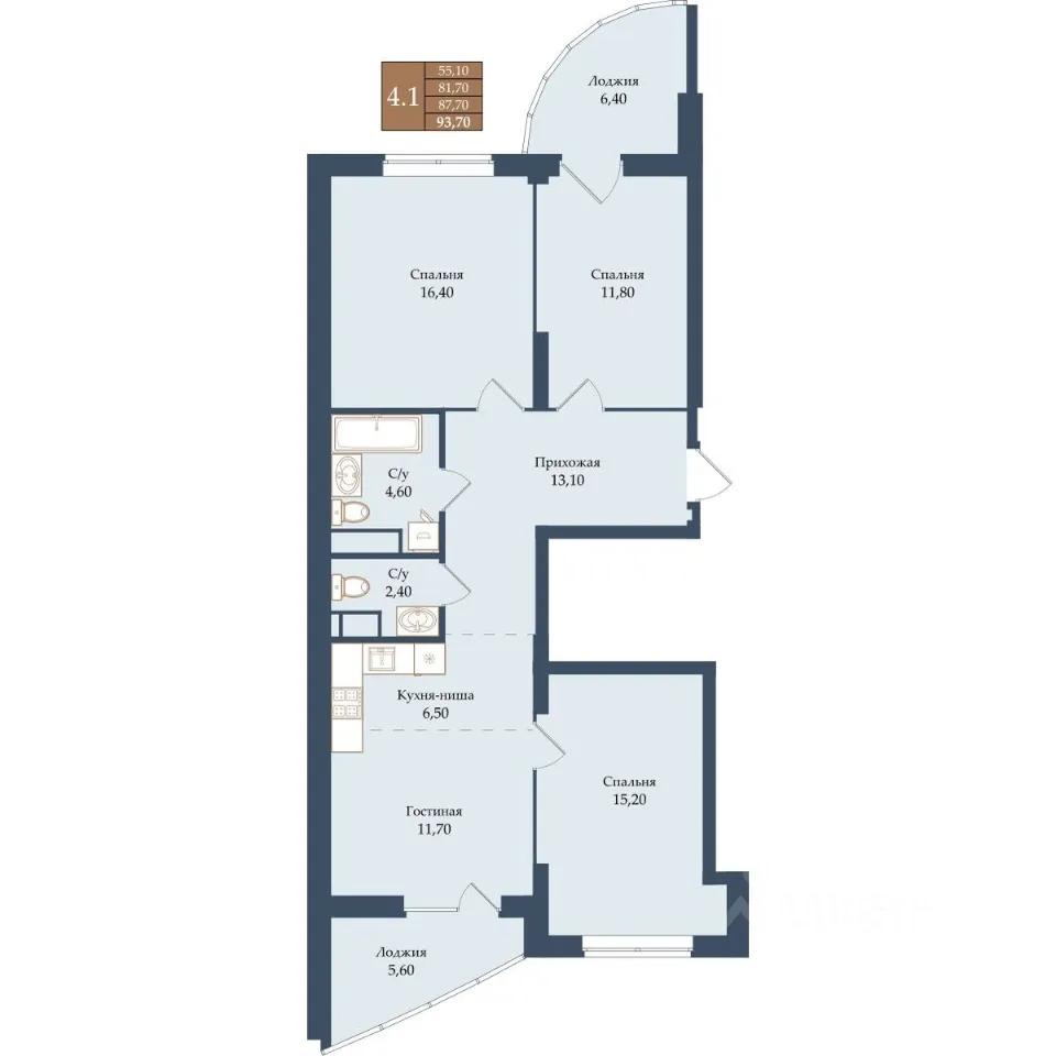 3-к кв. Свердловская область, Екатеринбург ул. Щербакова, 20 (87.7 м²)