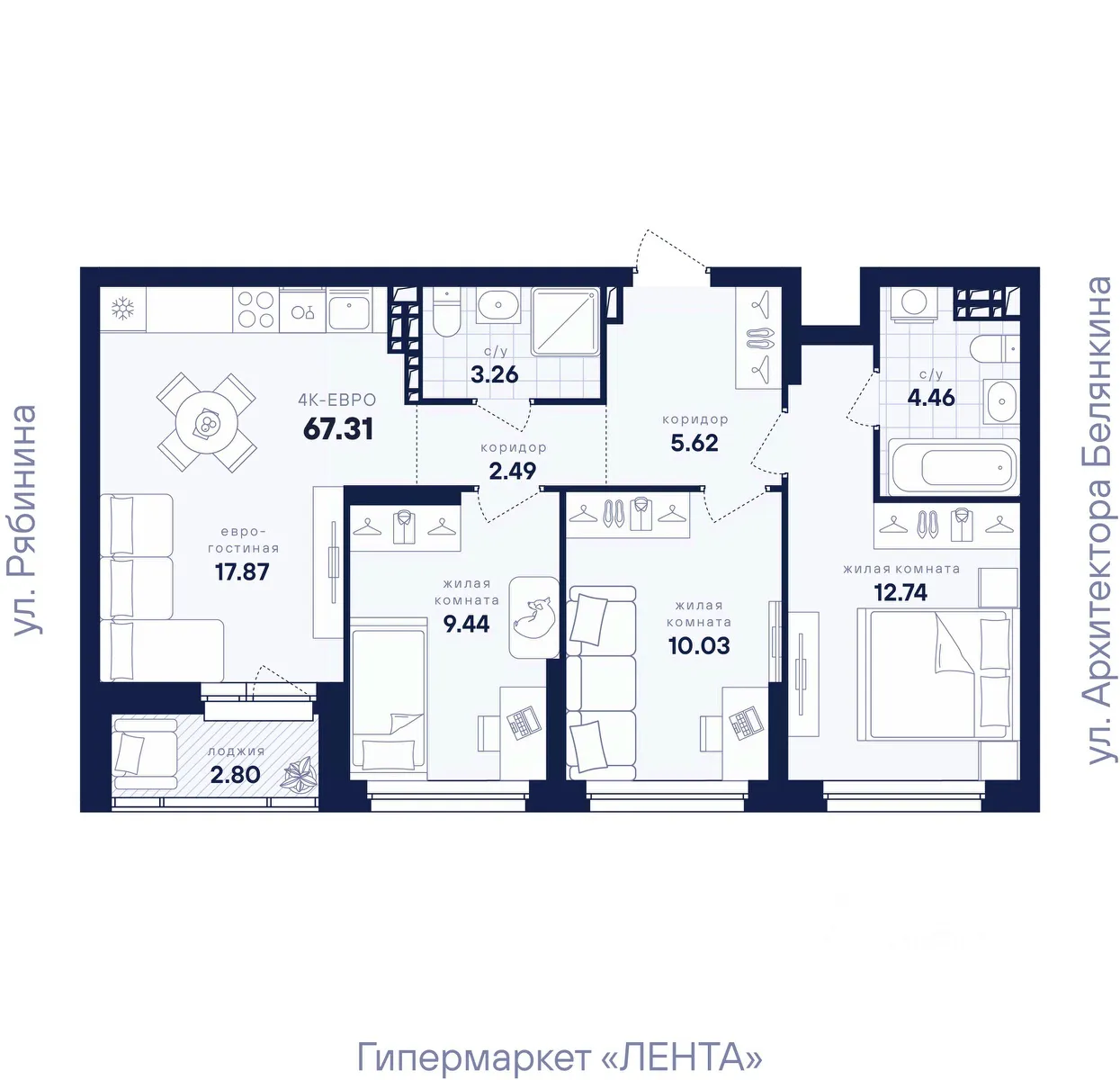 3-к кв. Свердловская область, Екатеринбург ул. Рябинина, 42 (67.31 м²)