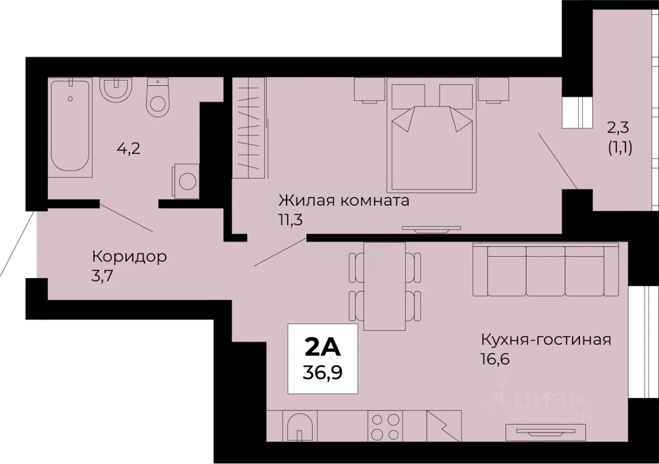 1-к кв. Свердловская область, Екатеринбург Эльмаш жилрайон, Веер Парк жилой комплекс (36.9 м²)