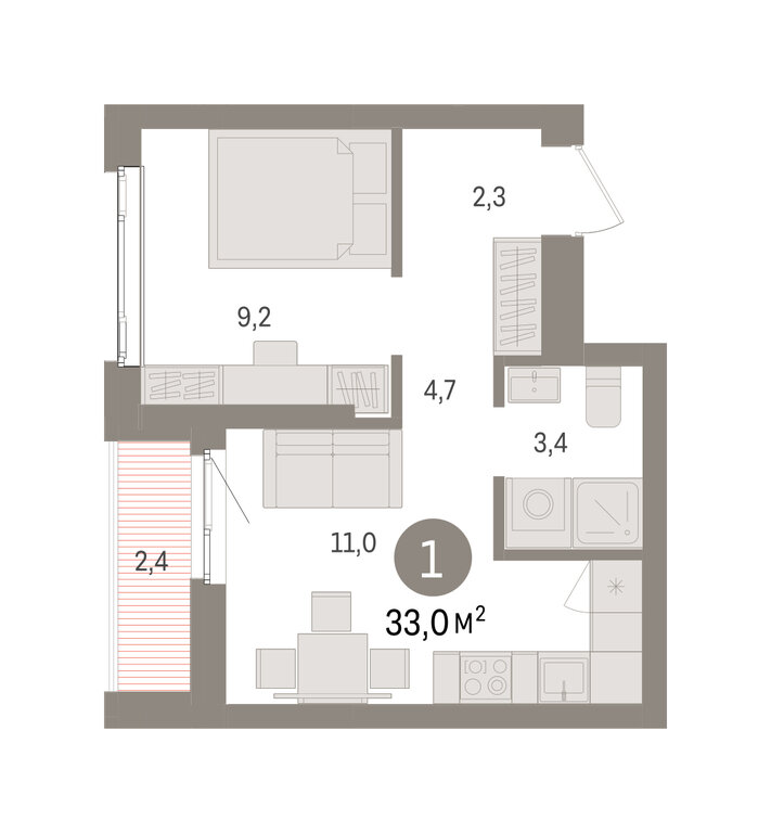 1-комнатная квартира: Екатеринбург, жилой район Сортировочный, микрорайон Старая Сортировка, ЖК Квартал Траектория (33 м²)