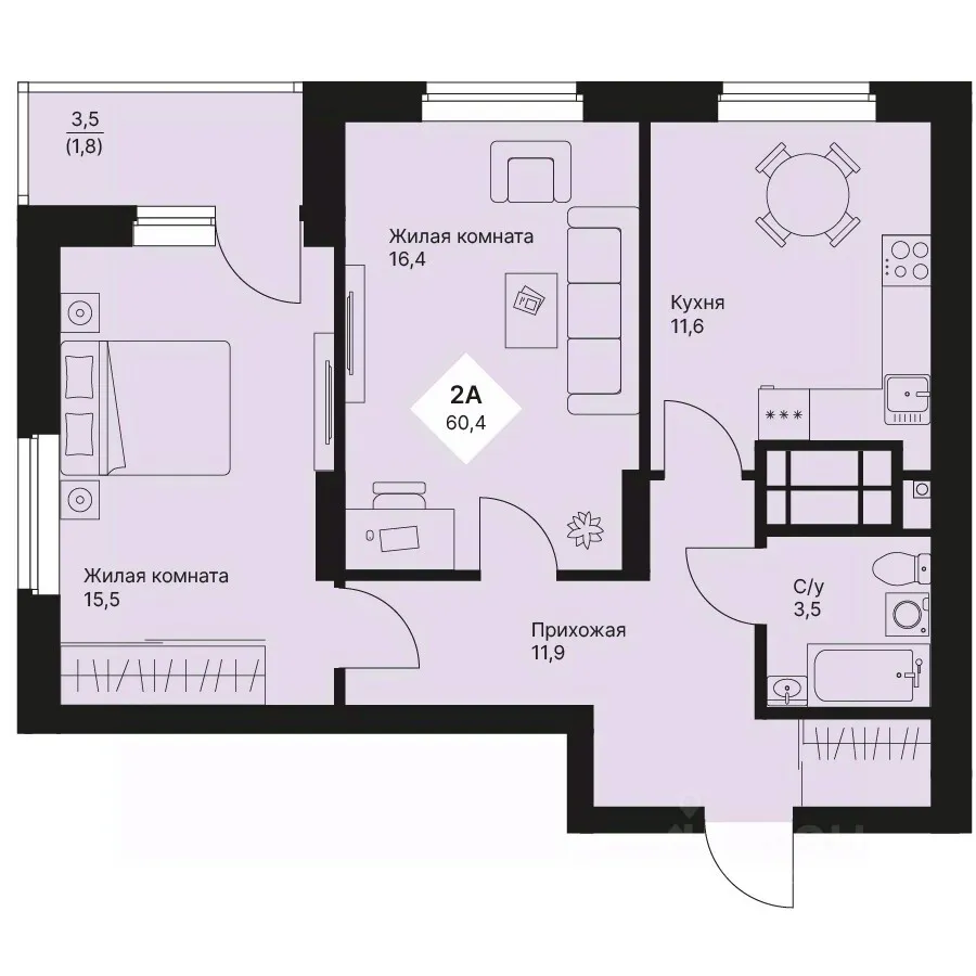 2-к кв. Свердловская область, Екатеринбург просп. Космонавтов, 108/5 (60.35 м²)