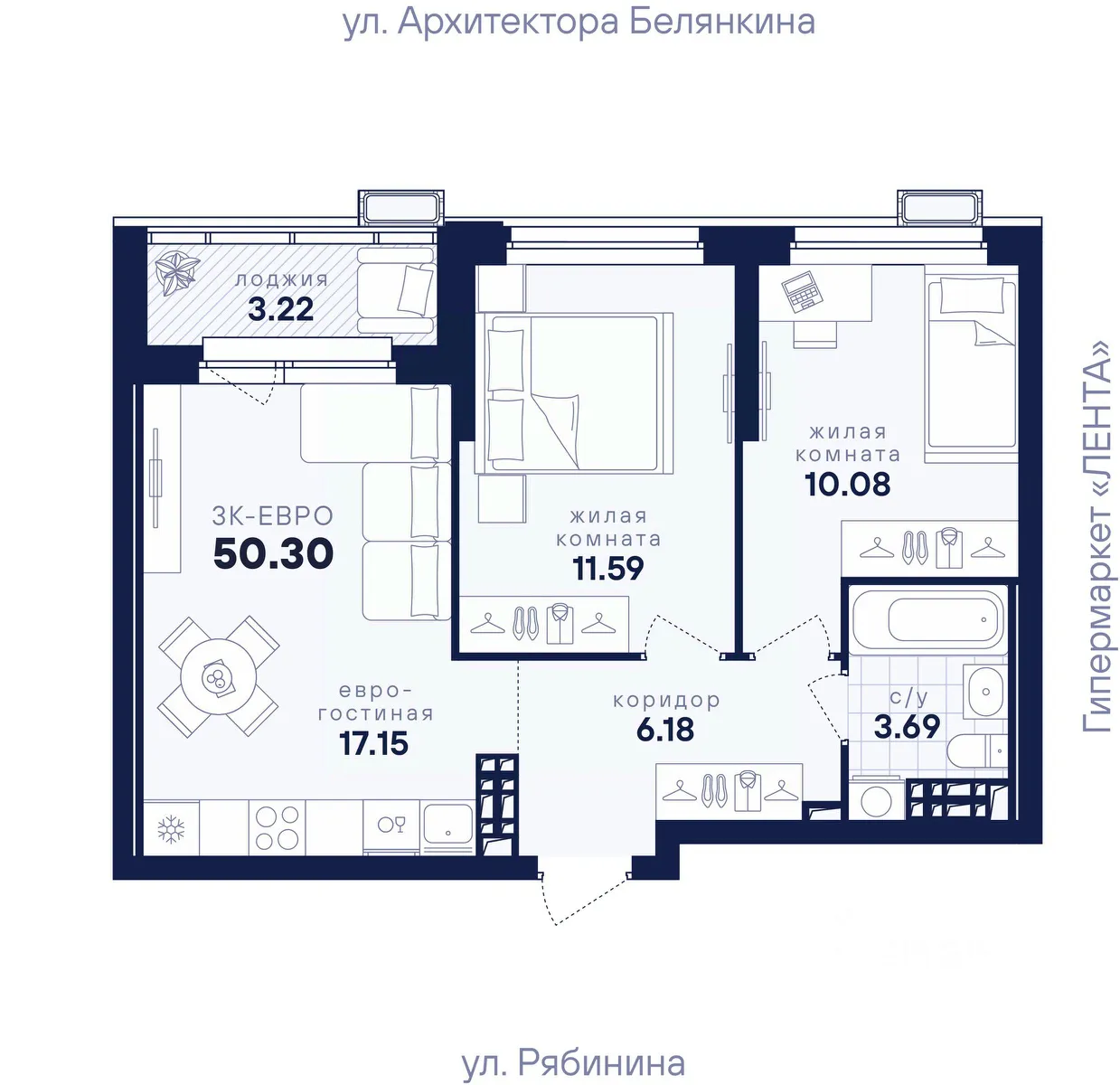 2-к кв. Свердловская область, Екатеринбург ул. Рябинина, 42 (50.3 м²)