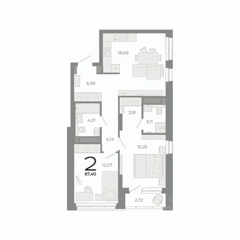 2-к кв. Свердловская область, Екатеринбург ул. Фурманова (67.7 м²)