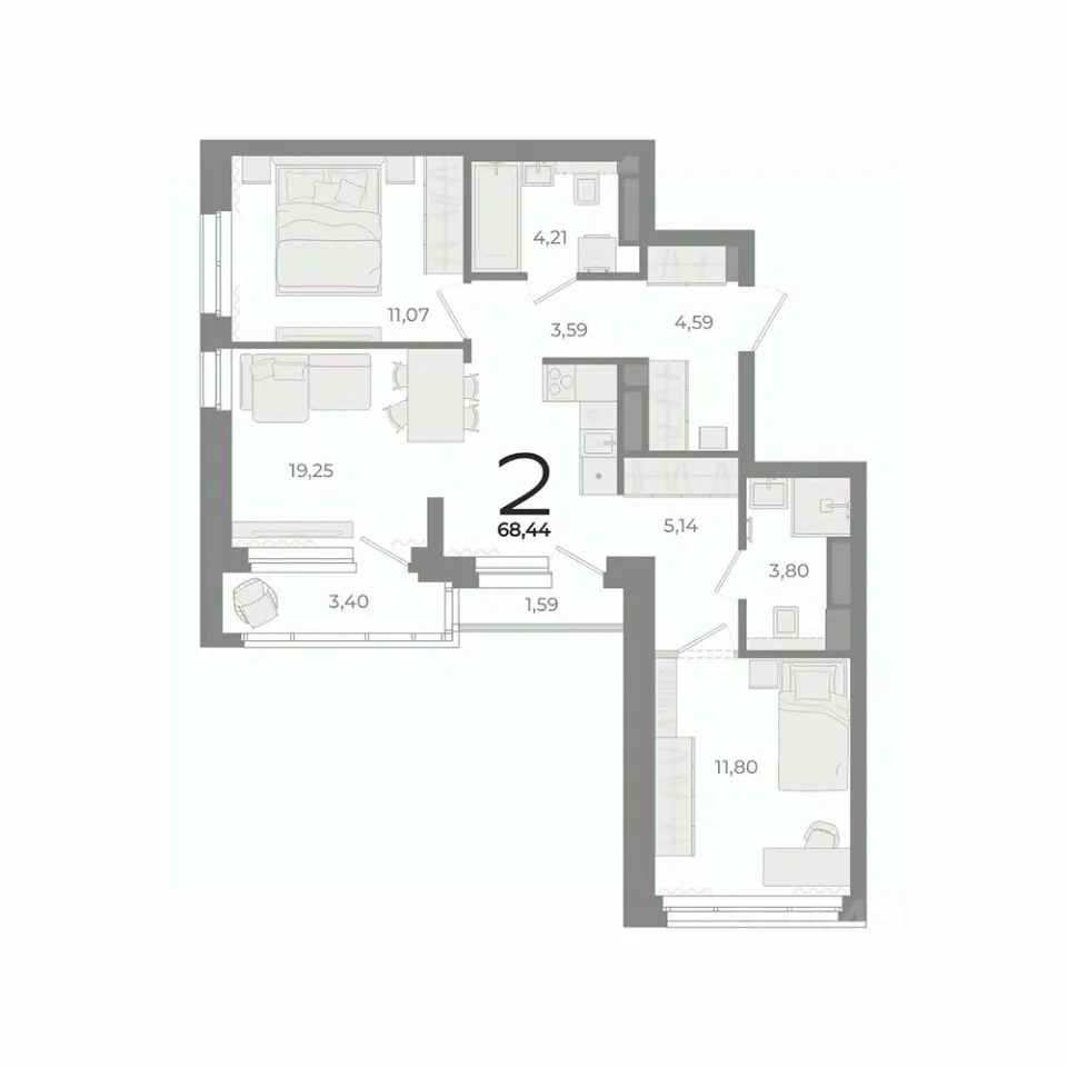 2-к кв. Свердловская область, Екатеринбург ул. Фурманова (68.8 м²)