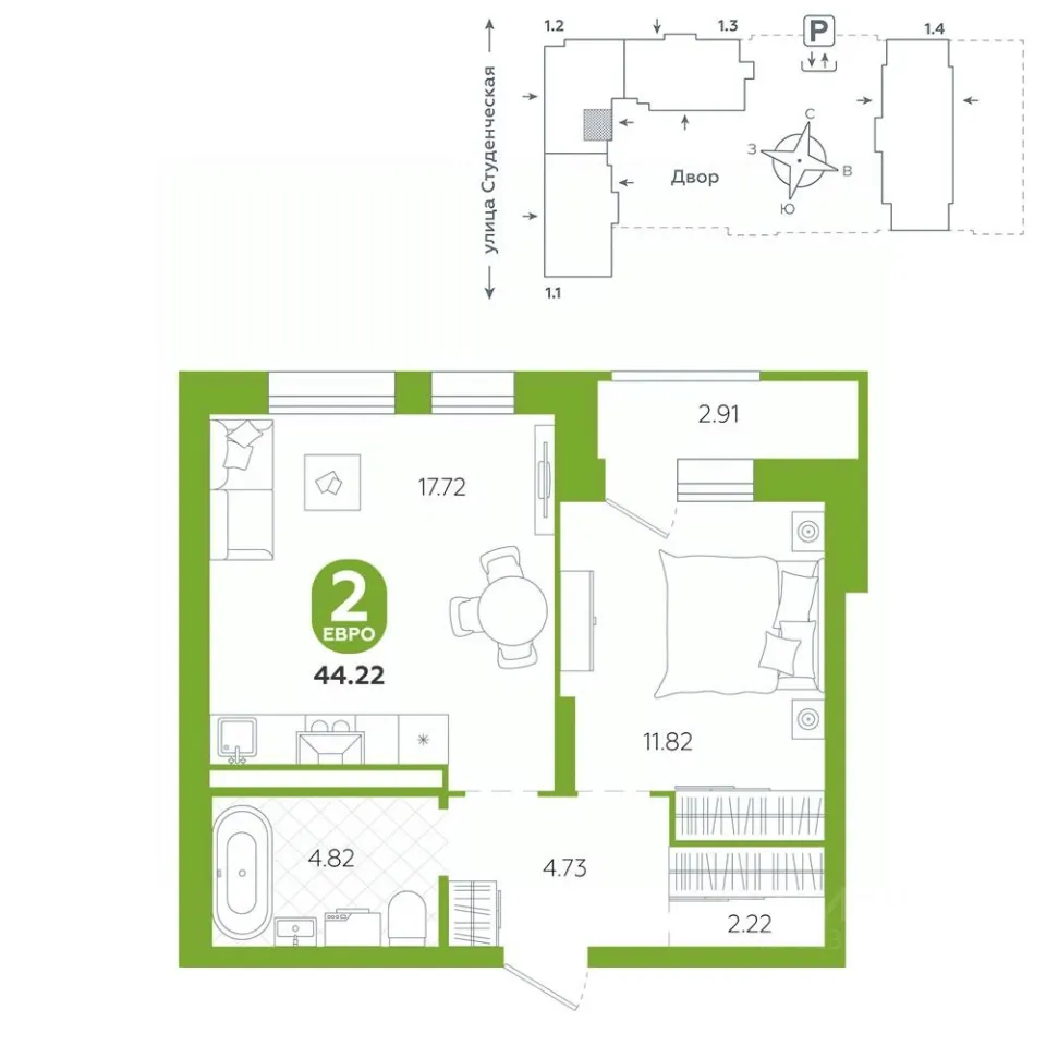 1-к кв. Свердловская область, Екатеринбург ул. Студенческая, 1А (44.22 м²)