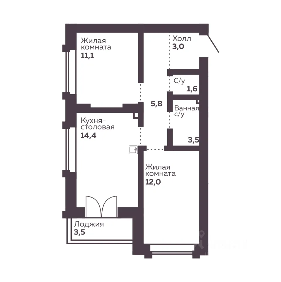 2-к кв. Свердловская область, Екатеринбург Уралмаш жилрайон, Голос Заря жилой комплекс (51.4 м²)