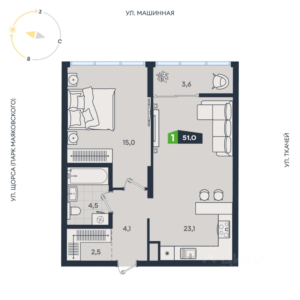 1-к кв. Свердловская область, Екатеринбург ул. Машинная, 1в/2 (51.0 м²)