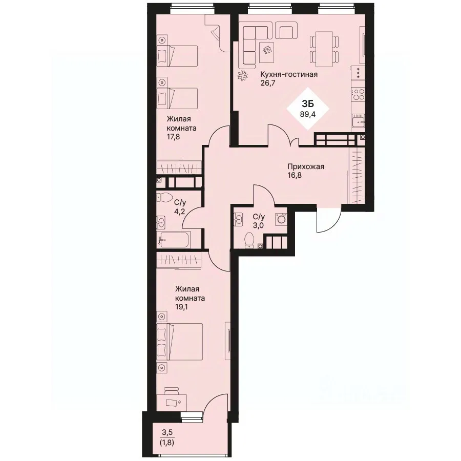 2-к кв. Свердловская область, Екатеринбург просп. Космонавтов, 108/5 (89.35 м²)