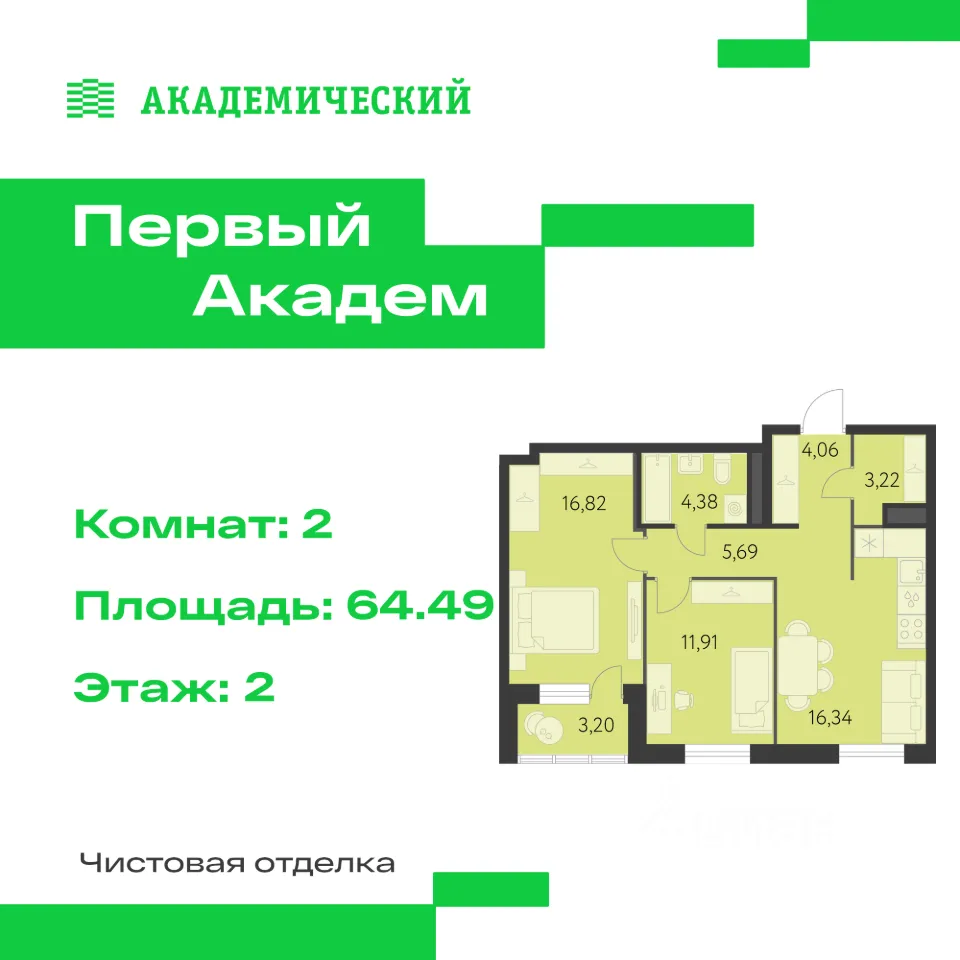2-к кв. Свердловская область, Екатеринбург Академический мкр, 3-й кв-л, (64.49 м²)