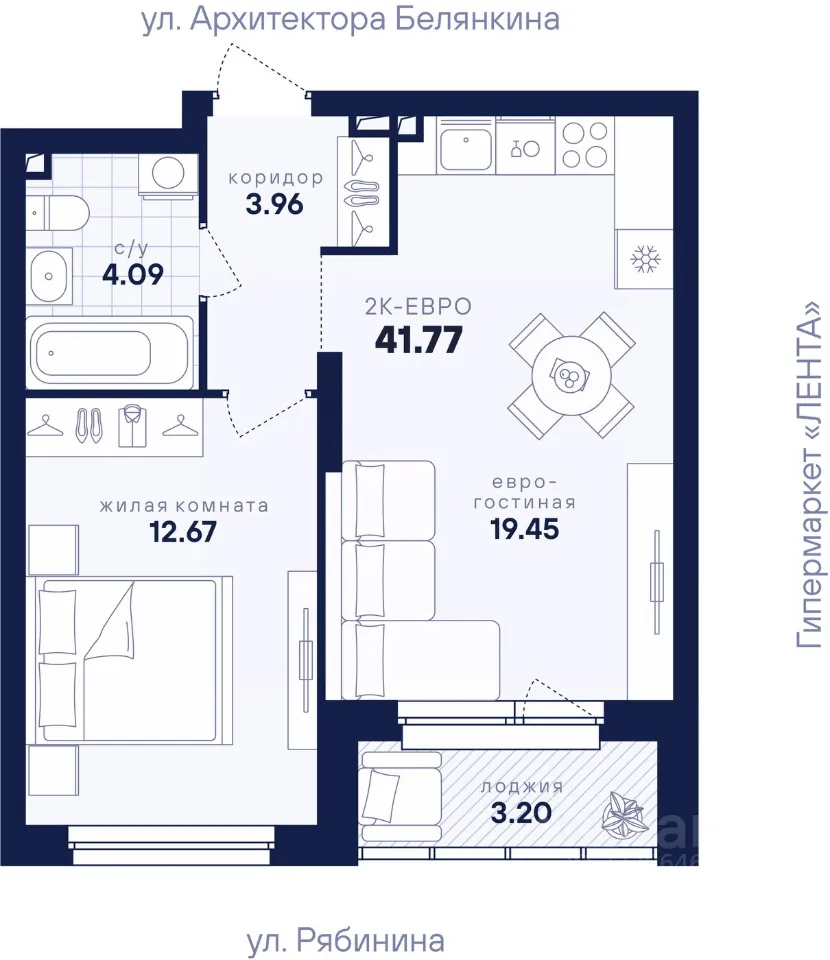 1-к кв. Свердловская область, Екатеринбург ул. Рябинина, 42 (41.77 м²)