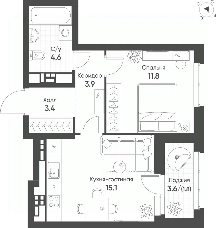 1-к кв. Свердловская область, Екатеринбург Солнечный жилрайон,  (40.6 м²)