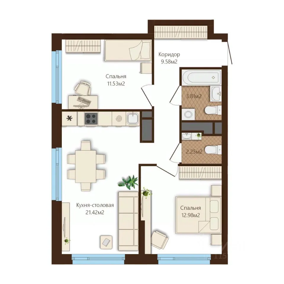 2-к кв. Свердловская область, Екатеринбург тракт Сибирский, 16 (61.57 м²)